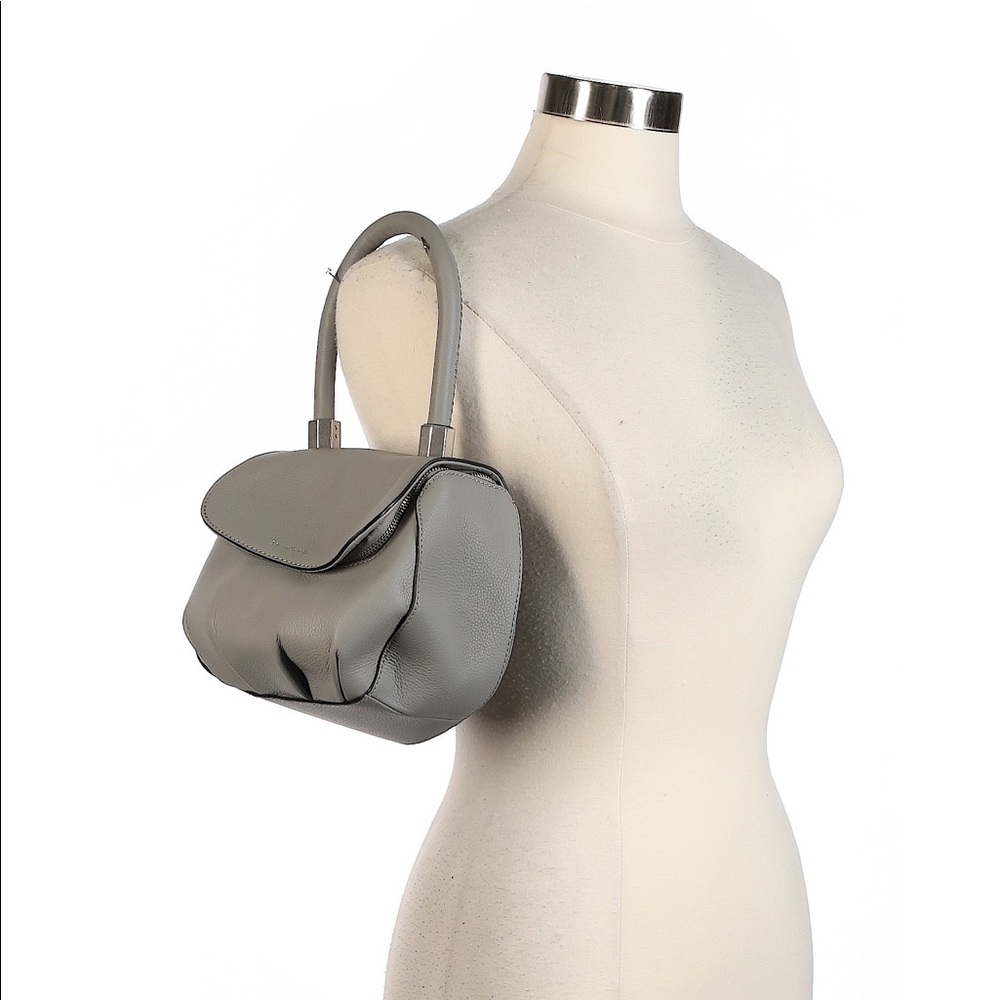 Dove gray leather satchel with silver hardware